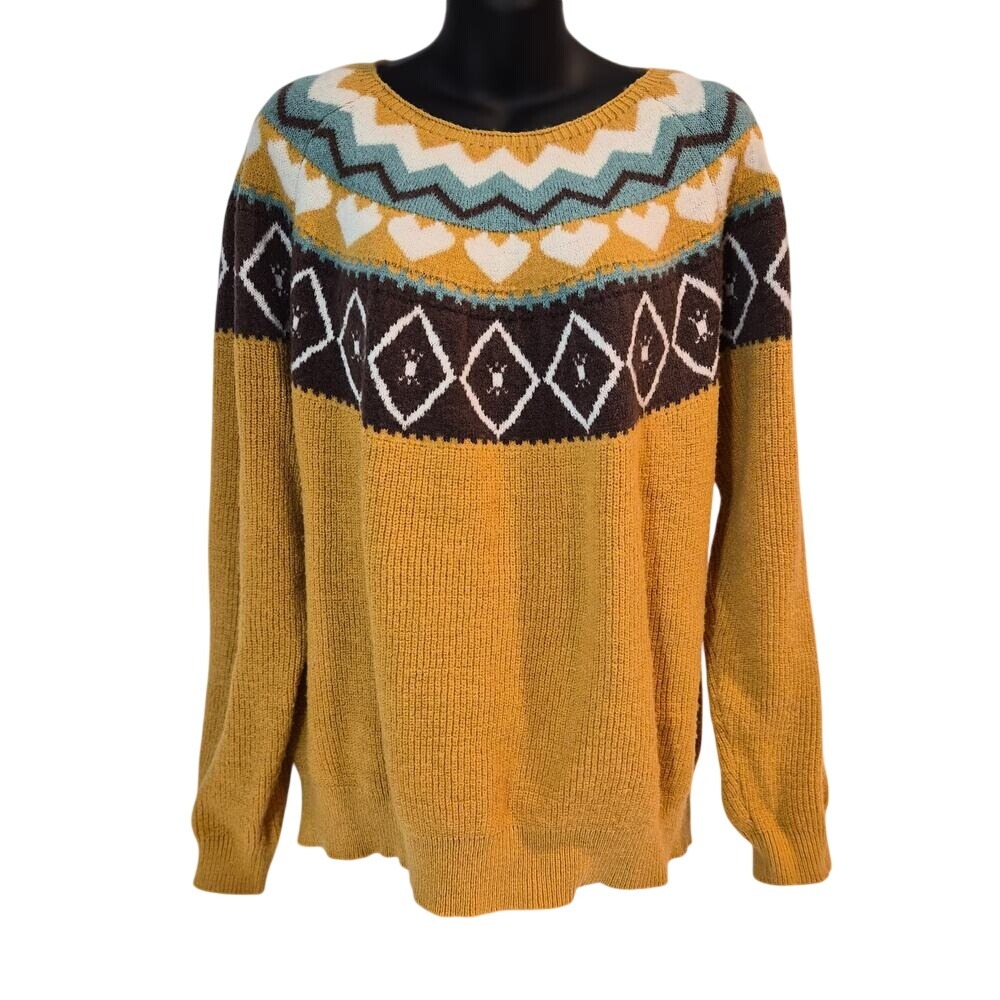 Mustard Yellow Fair Isle Knit Sweater Hearts Diamonds Pattern Pullover Small